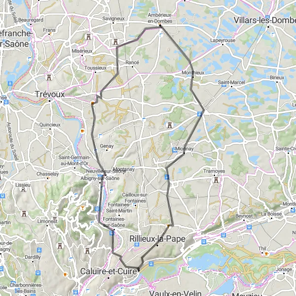 Kartminiatyr av "Vakker Road Cycling Route rundt Ambérieux-en-Dombes" sykkelinspirasjon i Rhône-Alpes, France. Generert av Tarmacs.app sykkelrutoplanlegger