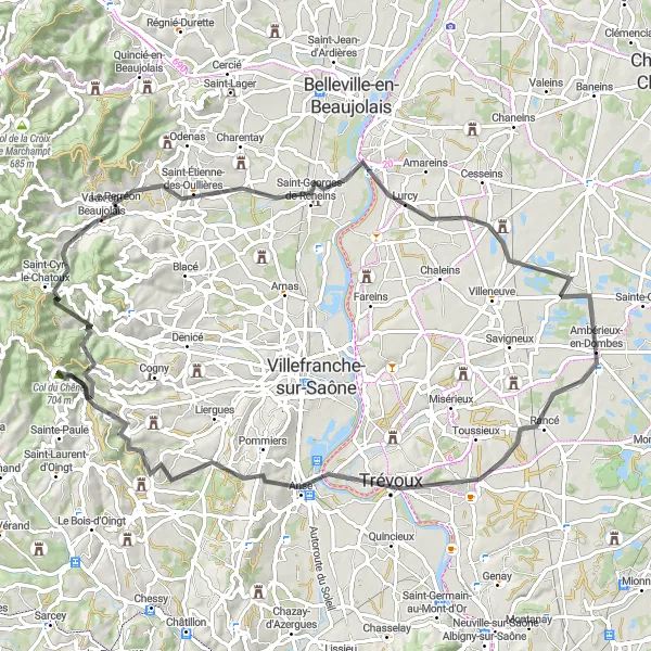 Miniature de la carte de l'inspiration cycliste "Parcours routier de Ambérieux-en-Dombes à Chanteins" dans la Rhône-Alpes, France. Générée par le planificateur d'itinéraire cycliste Tarmacs.app