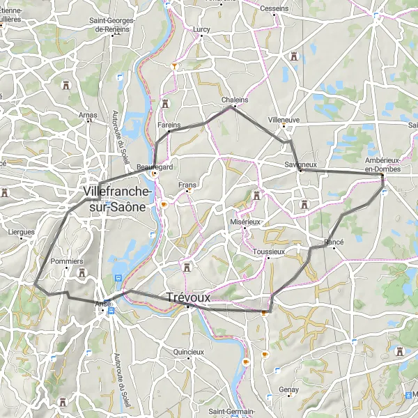 Miniatua del mapa de inspiración ciclista "Ruta pintoresca de 49 km en carretera desde Ambérieux-en-Dombes" en Rhône-Alpes, France. Generado por Tarmacs.app planificador de rutas ciclistas