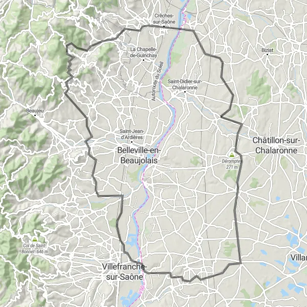 Miniatura della mappa di ispirazione al ciclismo "Tour Stradale di Ambérieux-en-Dombes e dintorni" nella regione di Rhône-Alpes, France. Generata da Tarmacs.app, pianificatore di rotte ciclistiche