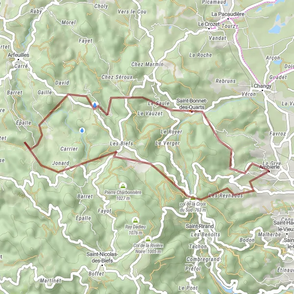 Map miniature of "Ambierle - Saint-Bonnet-des-Quarts Gravel Ride" cycling inspiration in Rhône-Alpes, France. Generated by Tarmacs.app cycling route planner