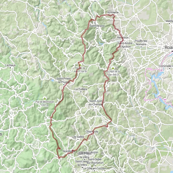 Miniatura della mappa di ispirazione al ciclismo "Tour in bicicletta gravel da Ambierle al Col de la Rivière Noire" nella regione di Rhône-Alpes, France. Generata da Tarmacs.app, pianificatore di rotte ciclistiche