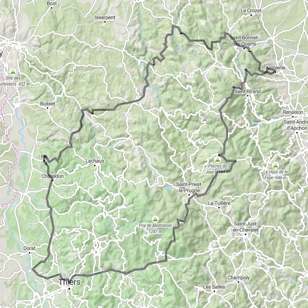 Miniaturní mapa "Okružní cyklistická trasa z Ambierle" inspirace pro cyklisty v oblasti Rhône-Alpes, France. Vytvořeno pomocí plánovače tras Tarmacs.app