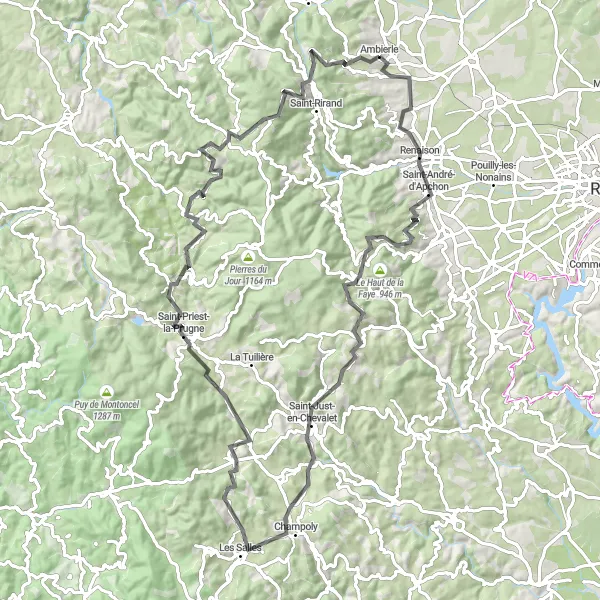 Map miniature of "Renaison to Saint-Nicolas-des-Biefs Loop" cycling inspiration in Rhône-Alpes, France. Generated by Tarmacs.app cycling route planner