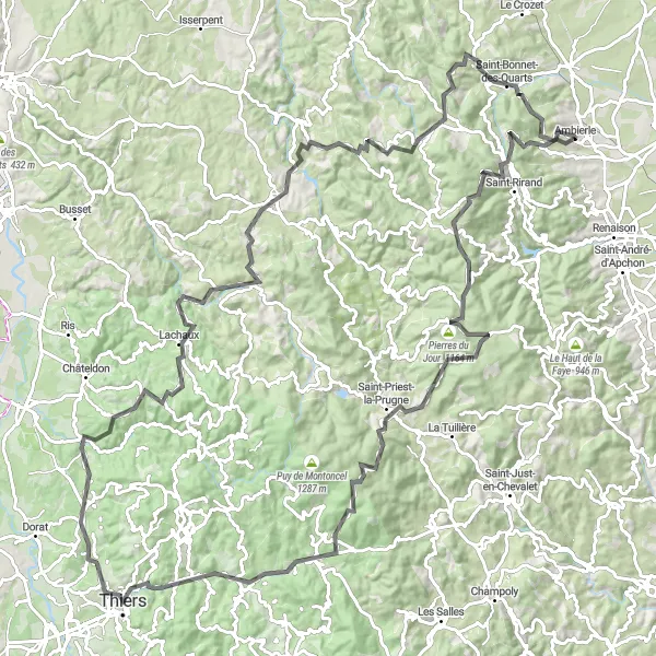 Map miniature of "Ambierle to Saint-Priest-la-Prugne Loop" cycling inspiration in Rhône-Alpes, France. Generated by Tarmacs.app cycling route planner