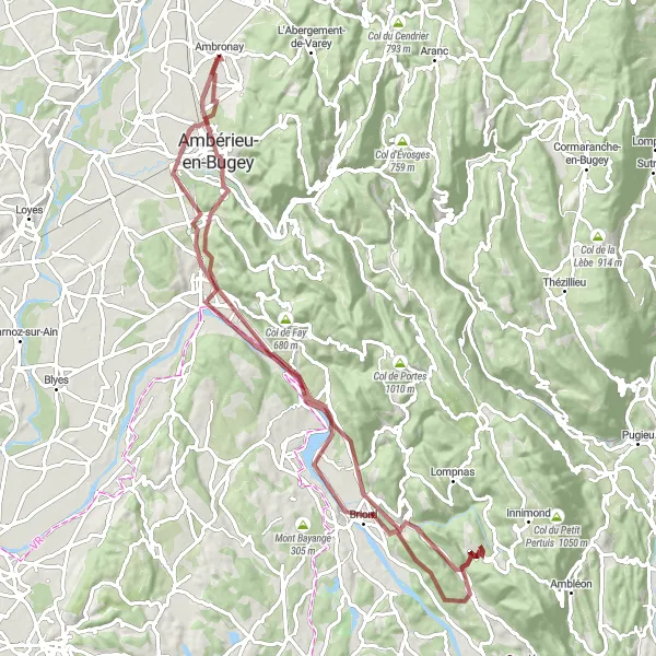 Miniature de la carte de l'inspiration cycliste "Aventure Gravel dans l'Ain" dans la Rhône-Alpes, France. Générée par le planificateur d'itinéraire cycliste Tarmacs.app