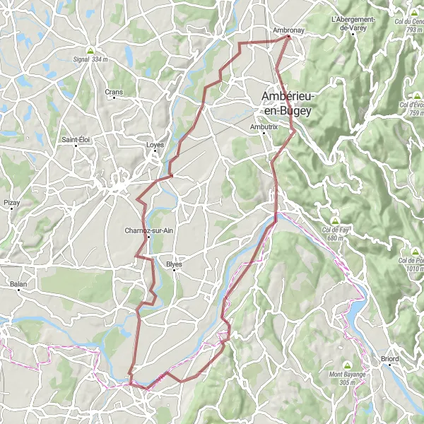 Mapa miniatúra "Gravelová cesta cez Ambronay" cyklistická inšpirácia v Rhône-Alpes, France. Vygenerované cyklistickým plánovačom trás Tarmacs.app