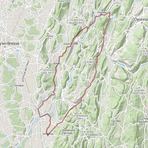 Miniatua del mapa de inspiración ciclista "Aventura de Ciclismo de Grava a Peyriat" en Rhône-Alpes, France. Generado por Tarmacs.app planificador de rutas ciclistas