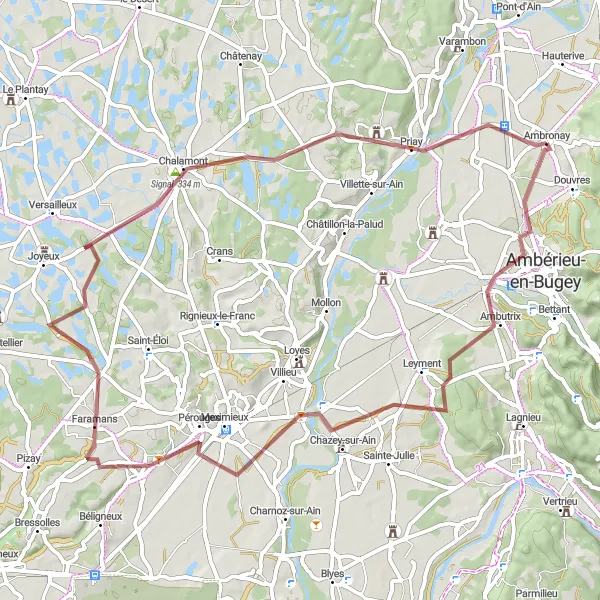 Miniatura della mappa di ispirazione al ciclismo "Percorso in bicicletta gravel intorno ad Ambronay" nella regione di Rhône-Alpes, France. Generata da Tarmacs.app, pianificatore di rotte ciclistiche