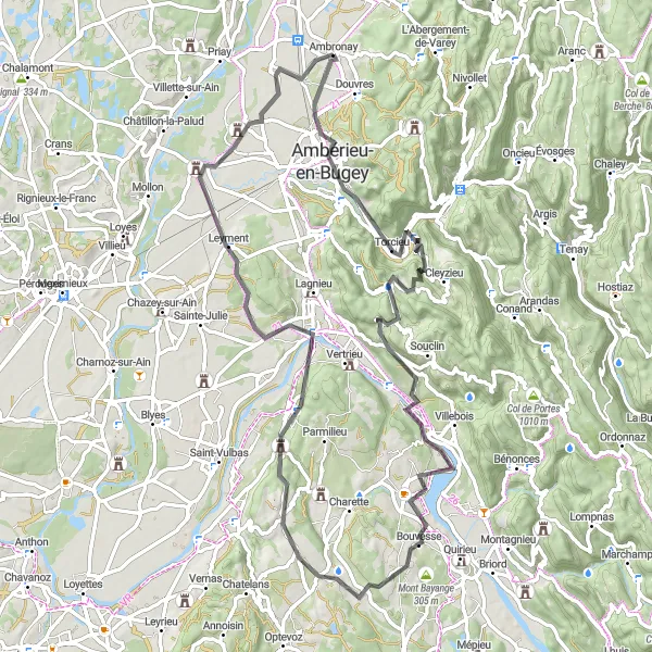 Miniaturní mapa "Okruh Road Cycling kolem Ambronay" inspirace pro cyklisty v oblasti Rhône-Alpes, France. Vytvořeno pomocí plánovače tras Tarmacs.app