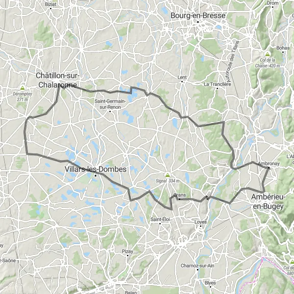 Mapa miniatúra "Cesta okolo Ambronay" cyklistická inšpirácia v Rhône-Alpes, France. Vygenerované cyklistickým plánovačom trás Tarmacs.app