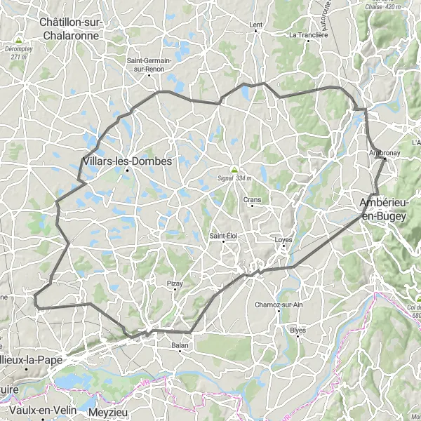 Miniatura della mappa di ispirazione al ciclismo "Giro in bicicletta Ambronay-Rhône-Alpes" nella regione di Rhône-Alpes, France. Generata da Tarmacs.app, pianificatore di rotte ciclistiche