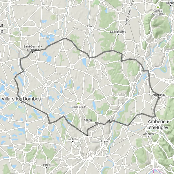 Map miniature of "Discovering Ain's Heritage" cycling inspiration in Rhône-Alpes, France. Generated by Tarmacs.app cycling route planner