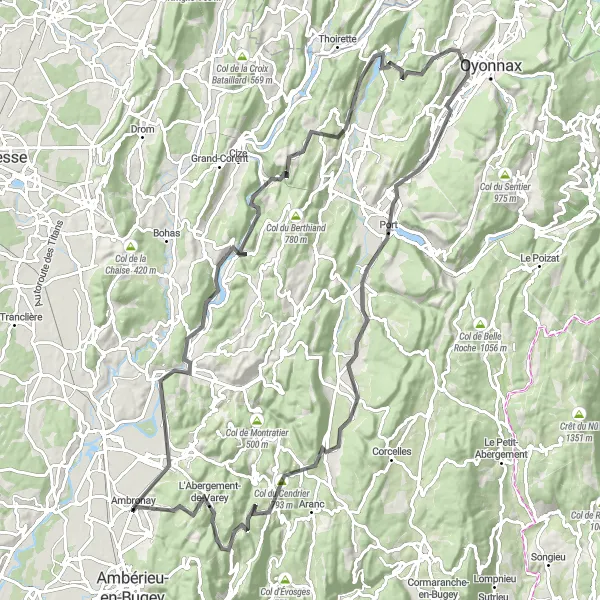 Miniatura della mappa di ispirazione al ciclismo "Giro in bicicletta da Ambronay" nella regione di Rhône-Alpes, France. Generata da Tarmacs.app, pianificatore di rotte ciclistiche