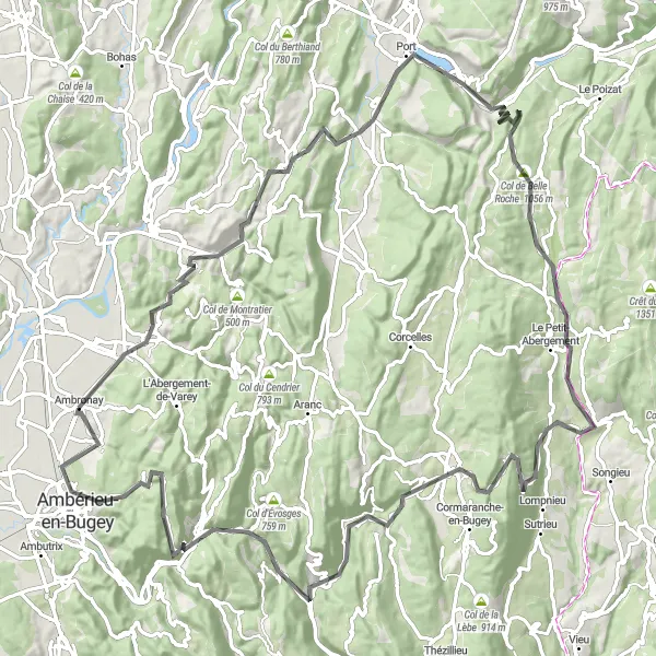 Miniatua del mapa de inspiración ciclista "Ruta de carretera a través de Jujurieux y Le Grand-Abergement" en Rhône-Alpes, France. Generado por Tarmacs.app planificador de rutas ciclistas