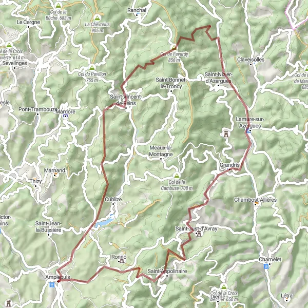 Miniature de la carte de l'inspiration cycliste "Parcours de Gravel du Col de Favardy" dans la Rhône-Alpes, France. Générée par le planificateur d'itinéraire cycliste Tarmacs.app