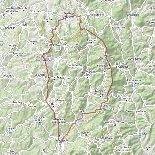 Miniature de la carte de l'inspiration cycliste "Les Collines du Haut-Beaujolais" dans la Rhône-Alpes, France. Générée par le planificateur d'itinéraire cycliste Tarmacs.app