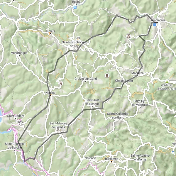 Map miniature of "The Valleys and Villages" cycling inspiration in Rhône-Alpes, France. Generated by Tarmacs.app cycling route planner