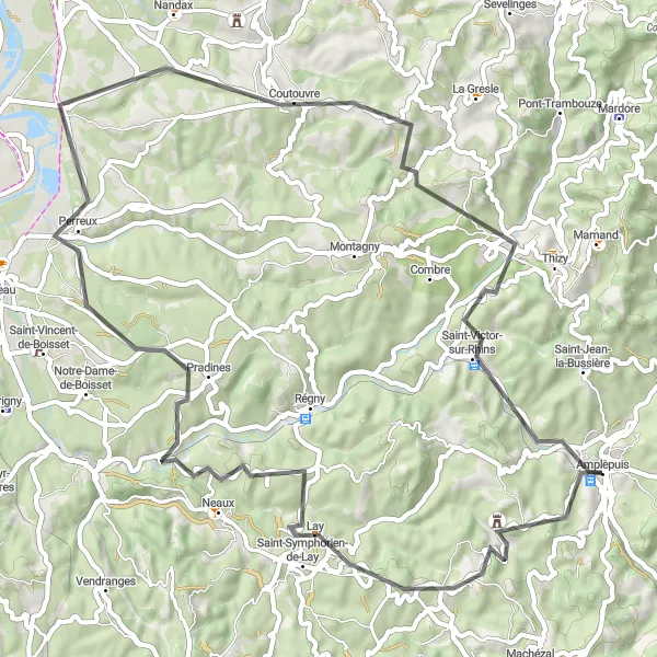 Map miniature of "The Lay Adventure" cycling inspiration in Rhône-Alpes, France. Generated by Tarmacs.app cycling route planner