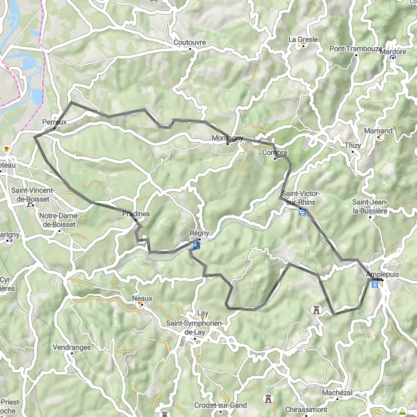 Map miniature of "A Cultural Excursion through Sarron" cycling inspiration in Rhône-Alpes, France. Generated by Tarmacs.app cycling route planner