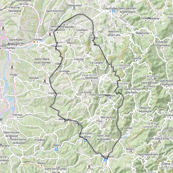 Map miniature of "Challenge the Breathtaking Hills of Rhône" cycling inspiration in Rhône-Alpes, France. Generated by Tarmacs.app cycling route planner