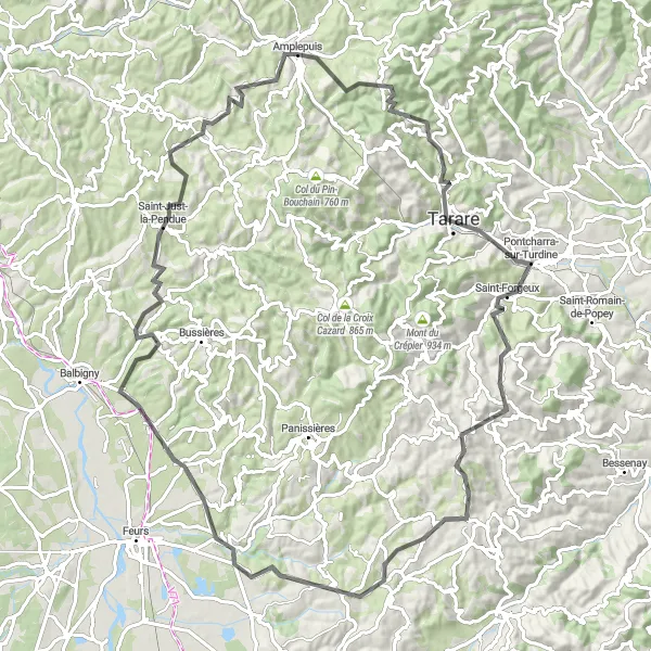 Map miniature of "Amplepuis Adventure" cycling inspiration in Rhône-Alpes, France. Generated by Tarmacs.app cycling route planner