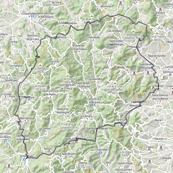 Miniature de la carte de l'inspiration cycliste "Boucle Beaujeu-Vaux-en-Beaujolais" dans la Rhône-Alpes, France. Générée par le planificateur d'itinéraire cycliste Tarmacs.app