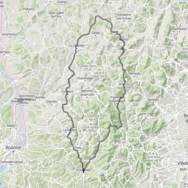 Map miniature of "The Majestic Hills" cycling inspiration in Rhône-Alpes, France. Generated by Tarmacs.app cycling route planner