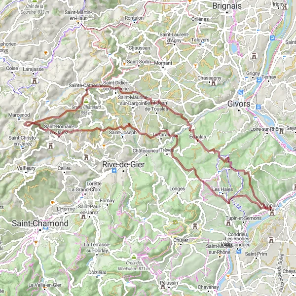 Map miniature of "Gravel Lovers: Ampuis to Saint-Romain-en-Gier Loop" cycling inspiration in Rhône-Alpes, France. Generated by Tarmacs.app cycling route planner