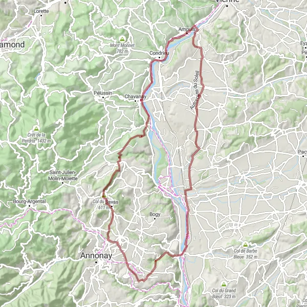 Miniature de la carte de l'inspiration cycliste "Boucle cyclable autour d'Ampuis" dans la Rhône-Alpes, France. Générée par le planificateur d'itinéraire cycliste Tarmacs.app