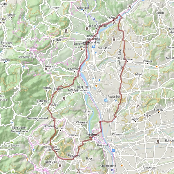 Mapa miniatúra "Gravelová cyklotrasa okolo Ampuis" cyklistická inšpirácia v Rhône-Alpes, France. Vygenerované cyklistickým plánovačom trás Tarmacs.app