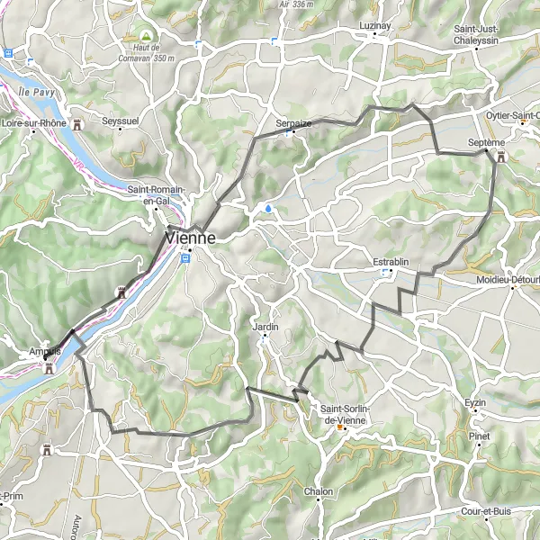 Mapa miniatúra "Road trasa cez Serpaize a Estrablin" cyklistická inšpirácia v Rhône-Alpes, France. Vygenerované cyklistickým plánovačom trás Tarmacs.app