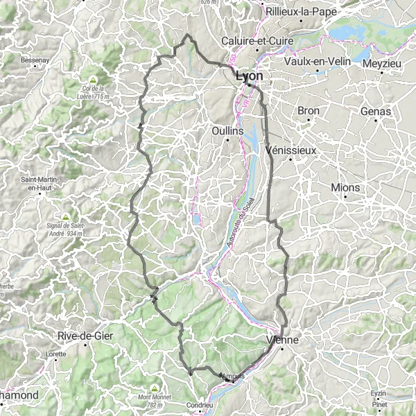 Miniatura della mappa di ispirazione al ciclismo "Tour in bicicletta tra Mornant e Vienne" nella regione di Rhône-Alpes, France. Generata da Tarmacs.app, pianificatore di rotte ciclistiche