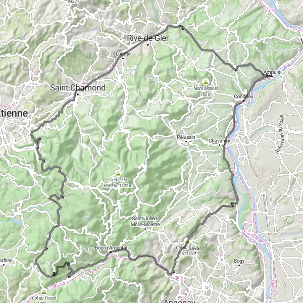 Kartminiatyr av "Utforsk Bourg-Argental via Col de la République" sykkelinspirasjon i Rhône-Alpes, France. Generert av Tarmacs.app sykkelrutoplanlegger