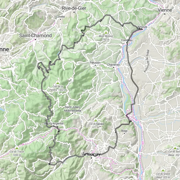 Miniatura della mappa di ispirazione al ciclismo "Ampuis - Croix de Chaubouret" nella regione di Rhône-Alpes, France. Generata da Tarmacs.app, pianificatore di rotte ciclistiche