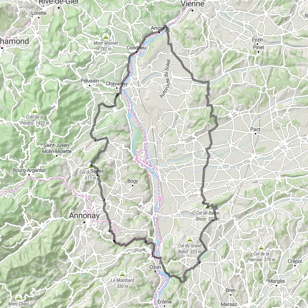 Miniatura mapy "Trasa wokół Ampuis przez Reventin-Vaugris i Col de Barbe Bleue" - trasy rowerowej w Rhône-Alpes, France. Wygenerowane przez planer tras rowerowych Tarmacs.app