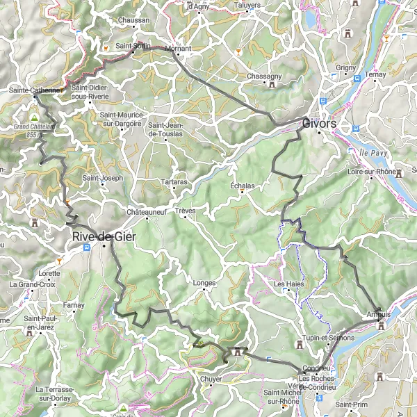 Miniatura della mappa di ispirazione al ciclismo "Ampuis - La Champlin" nella regione di Rhône-Alpes, France. Generata da Tarmacs.app, pianificatore di rotte ciclistiche