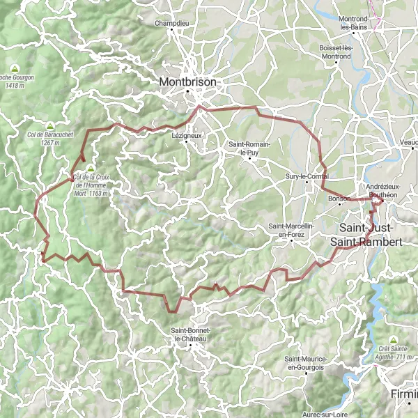 Miniaturní mapa "Gravel okruh kolem Andrézieux-Bouthéon" inspirace pro cyklisty v oblasti Rhône-Alpes, France. Vytvořeno pomocí plánovače tras Tarmacs.app