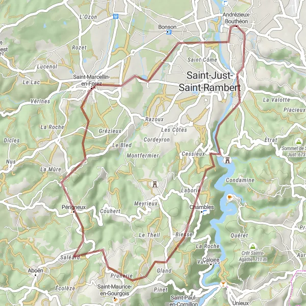 Map miniature of "Scenic Gravel Ride around Lake Grangent" cycling inspiration in Rhône-Alpes, France. Generated by Tarmacs.app cycling route planner