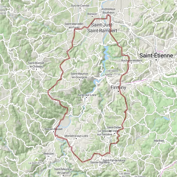 Miniature de la carte de l'inspiration cycliste "Aventure dans les Monts du Pilat" dans la Rhône-Alpes, France. Générée par le planificateur d'itinéraire cycliste Tarmacs.app