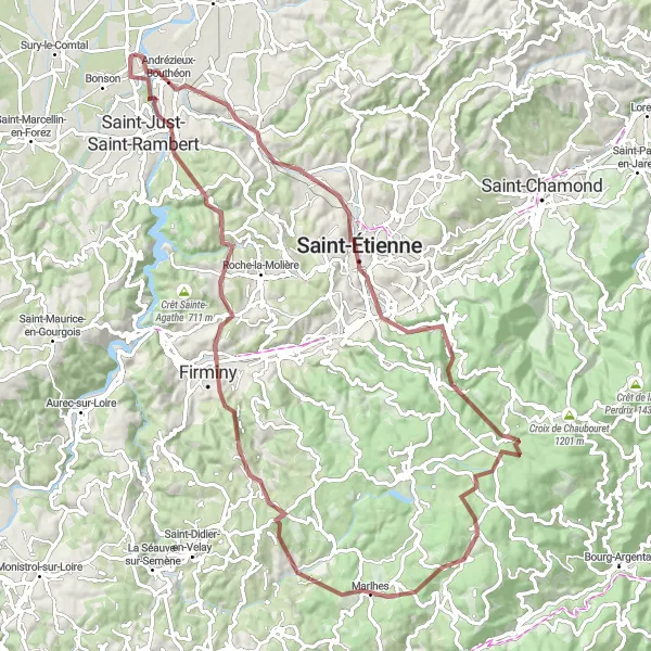 Miniaturní mapa "Gravel Route: Andrézieux-Bouthéon Circuit" inspirace pro cyklisty v oblasti Rhône-Alpes, France. Vytvořeno pomocí plánovače tras Tarmacs.app