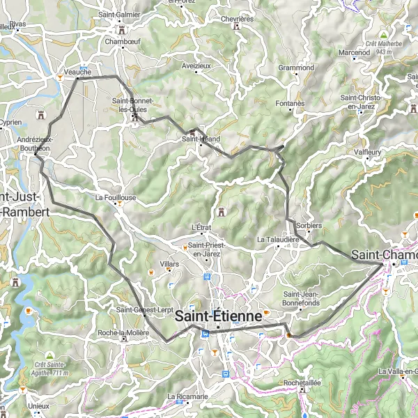 Map miniature of "Andrézieux-Bouthéon to Saint-Just-sur-Loire" cycling inspiration in Rhône-Alpes, France. Generated by Tarmacs.app cycling route planner