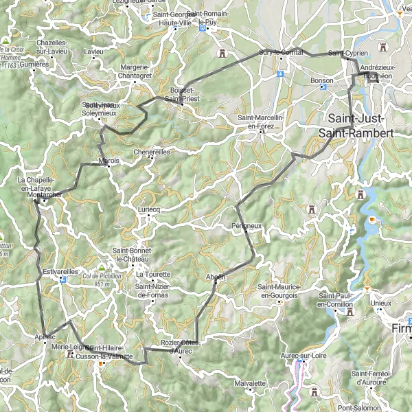 Miniatura della mappa di ispirazione al ciclismo "Scoperta su due ruote di Saint-Hilaire-Cusson-la-Valmitte" nella regione di Rhône-Alpes, France. Generata da Tarmacs.app, pianificatore di rotte ciclistiche