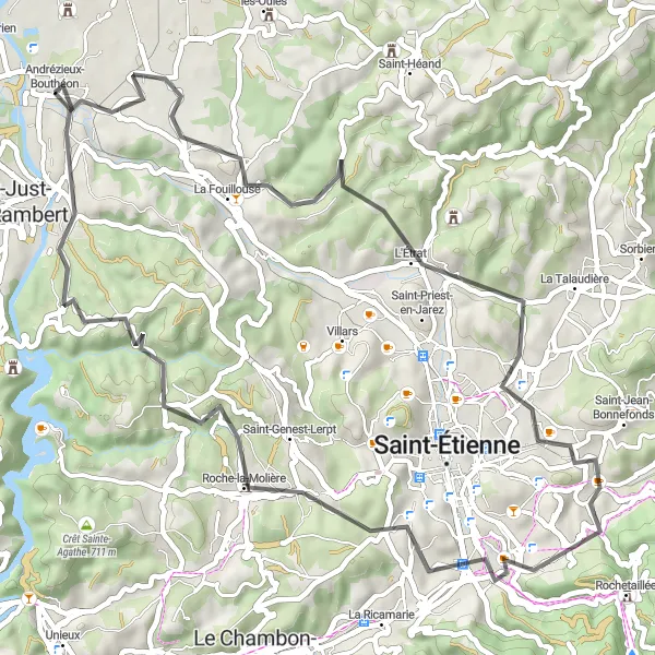 Miniaturní mapa "Trasa La Fouillouse a L'Étrat" inspirace pro cyklisty v oblasti Rhône-Alpes, France. Vytvořeno pomocí plánovače tras Tarmacs.app