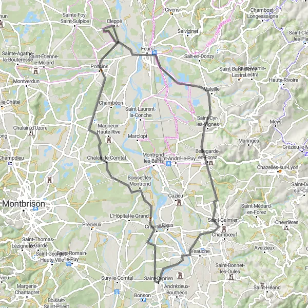 Zemljevid v pomanjšavi "Naravna lepota ob Andrézieux-Bouthéon" kolesarske inspiracije v Rhône-Alpes, France. Generirano z načrtovalcem kolesarskih poti Tarmacs.app