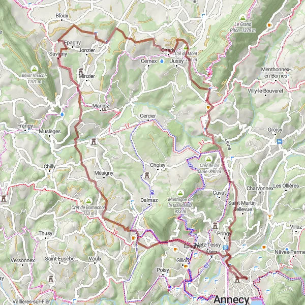 Miniature de la carte de l'inspiration cycliste "Parcours de Gravel de Minzier" dans la Rhône-Alpes, France. Générée par le planificateur d'itinéraire cycliste Tarmacs.app