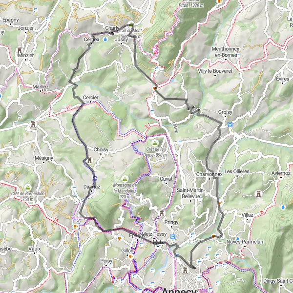 Miniaturní mapa "Krátká cesta kolem La Tête" inspirace pro cyklisty v oblasti Rhône-Alpes, France. Vytvořeno pomocí plánovače tras Tarmacs.app