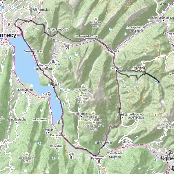 Zemljevid v pomanjšavi "Cestno kolesarjenje okoli Annecy-le-Vieux" kolesarske inspiracije v Rhône-Alpes, France. Generirano z načrtovalcem kolesarskih poti Tarmacs.app