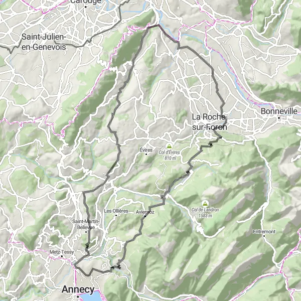 Kartminiatyr av "Argonay til Nâves-Parmelan Veien" sykkelinspirasjon i Rhône-Alpes, France. Generert av Tarmacs.app sykkelrutoplanlegger