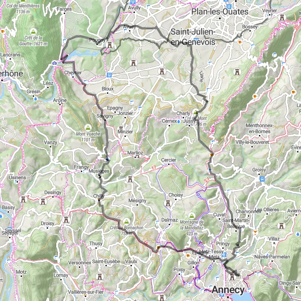 Miniature de la carte de l'inspiration cycliste "Tour des Villages autour d'Annecy-le-Vieux" dans la Rhône-Alpes, France. Générée par le planificateur d'itinéraire cycliste Tarmacs.app